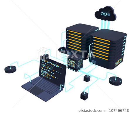 Computer technology 3D illustration. Computation of big data center. Cloud computing. Online devices upload and download information. Modern 3D illustration. 3D rendering Computer technology 3D illustration. Computation of big data center. Cloud computing. Online devices upload and download information. Modern 3D illustration. 3D rendering 107466748