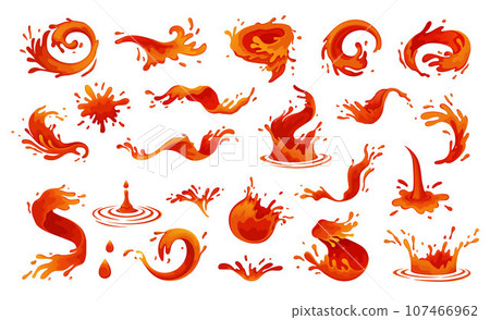 Tomato splash. Vector illustration set. Fresh red tomato splash. Strawberry juice splashes. Cherry soda water spill. Red drops of blood. Ketchup stains. Tomato swirl splash with red sauce drops Tomato splash. Vector illustration set. Fresh red tomato splash. Strawberry juice splashes. Cherry soda water spill. Red drops of blood. Ketchup stains. Tomato swirl splash with red sauce drops 107466962