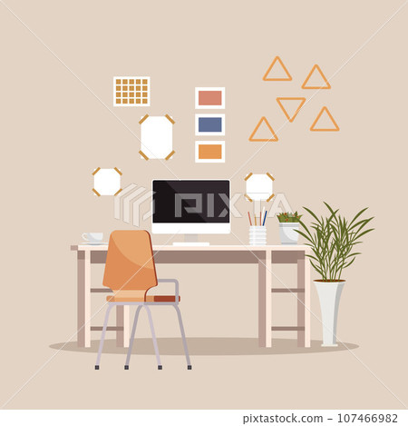 Home office. Interior vector illustration. Work from home. Well-organized room promotes clutter-free and productive workspace Office area is equipped with necessary technology for remote work 107466982