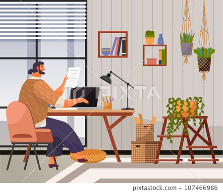 Home office. Interior vector illustration. Work from home. Well designed home office for remote work Home office provides a dedicated workspace within the comfort of home Office area is thoughtfully 107466986