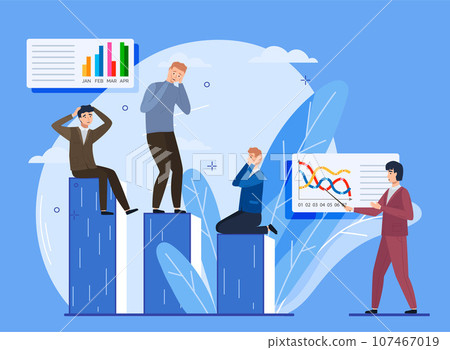 Company bankruptcy. Financial rescue, depressed businessmen. Economic financial crisis, sinking business, loan payback money problem, people and economy recession falling diagram, collapse in deal 107467019