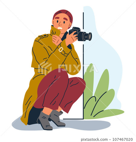 Working as detective of photographer concept. Young woman cartoon character working as photo reporter sits hiding behind wall with camera spying outdoors making shot. Paparazzi shooting on event Working as detective of photographer concept. Young woman cartoon character working as photo reporter sits hiding behind wall with camera spying outdoors making shot. Paparazzi shooting on event 107467020