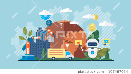 Automation business. Vector illustration. Smart industry 4.0 Chatbot, video broadcast, delivery stories, SMM promotion, online analytics Digital marketing tools Robotic process automation innovation 107467034