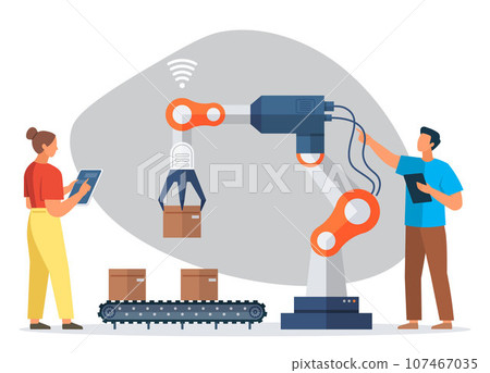 Automation business. Vector illustration. Smart industry 4.0 Chatbot, factory conveyor, Manager engineers check and control automation robot machine Robotic process automation as an innovation 107467035