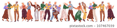 Old couple dance. Vector illustration. Grandpa does dance support, grandma. Elderly couple dancing at party. Cartoon old man and woman dancing. Happy grandmother and grandfather couples hugging 107467039