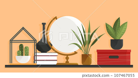 Wooden shelf with decor items. Cartoon design style bookshelf with different interior things potted plants, pile of books, globe and vase. Hanging shelf with decorations. Office or home furniture Wooden shelf with decor items. Cartoon design style bookshelf with different interior things potted plants, pile of books, globe and vase. Hanging shelf with decorations. Office or home furniture 107467055