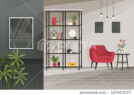Home office interior. Vector illustration. Freelancer working from home place, convenient workplace Home office workplace Self employed concept Minimalist work space Remote working from home or any 107467075