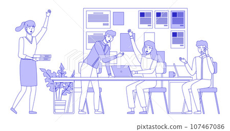Colleagues communicate and discuss startup during meeting in office, line art vector concept. Businesspeople discussing business idea sitting at negotiating table. Planning, concluding new project Colleagues communicate and discuss startup during meeting in office, line art vector concept. Businesspeople discussing business idea sitting at negotiating table. Planning, concluding new project 107467086