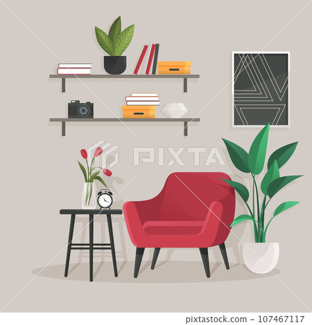 Home office interior. Vector illustration. Modern workplace cabinet room Office workplace scene Office workplace interior design banner Home office concept Empty working place with furniture 107467117