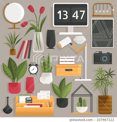 Home office interior. Vector illustration. Workplace modern interior, home or office room creation zone, working space kit with furniture Office with computer Working from home, student or freelancer Home office interior. Vector illustration. Workplace modern interior, home or office room creation zone, working space kit with furniture Office with computer Working from home, student or freelancer 107467122