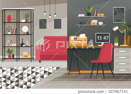 Home office interior. Vector illustration. Designer architect workplace office interior Online career Workspace Home office interior Stylish home or studio workplace of student Coworking space 107467141