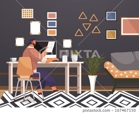 Home office. Interior vector illustration. Work from home. Enjoys working in collaborative office environment Flat open-concept design Office home provided privacy for focused work Workspace in living 107467150