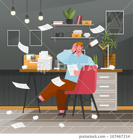 Confusion and mess. Stressed man office worker dropped papers. Tired confused worker sits at table and scatters documents on floor. Home office workplace. Panic and problems at work, bad deal 107467154