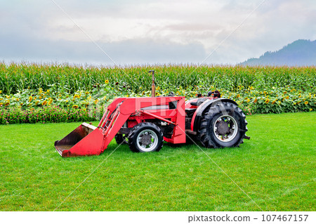 Red tractor with front loading bucket under the rain on green lawn Red tractor with front loading bucket under the rain on green lawn 107467157