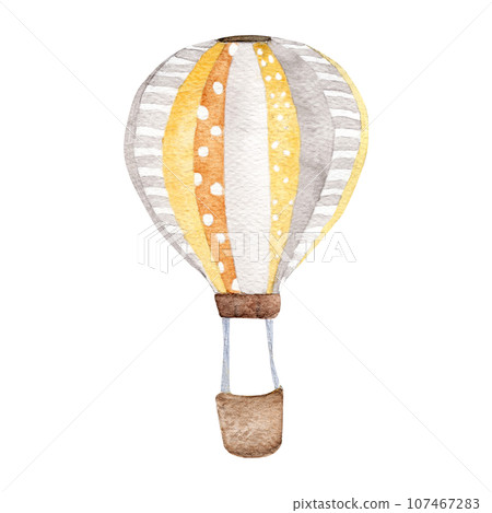 Yellow air balloon flying in the sky, polka dot pattern and retro design. watercolor illustration. Yellow air balloon flying in the sky, polka dot pattern and retro design. watercolor illustration. 107467283