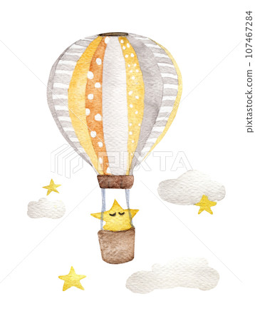 Yellow air balloon flying in the sky, polka dot pattern and retro design. watercolor illustration. Yellow air balloon flying in the sky, polka dot pattern and retro design. watercolor illustration. 107467284