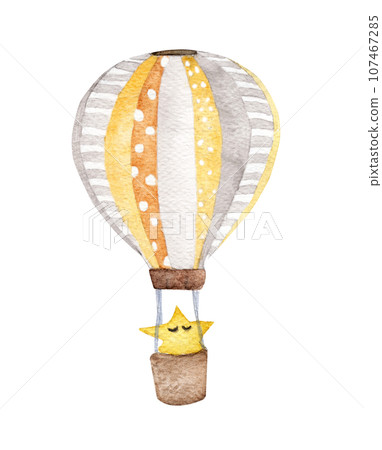 Yellow air balloon flying in the sky, polka dot pattern and retro design. watercolor illustration. Yellow air balloon flying in the sky, polka dot pattern and retro design. watercolor illustration. 107467285