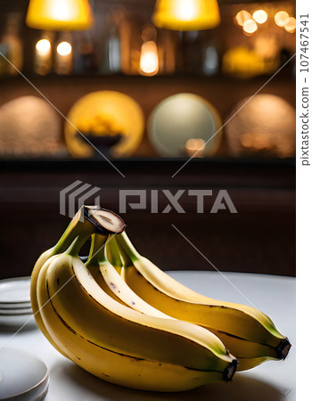 Hyperrealistic bananas cozy atmosphere highlydetailed restaurant. 107467541