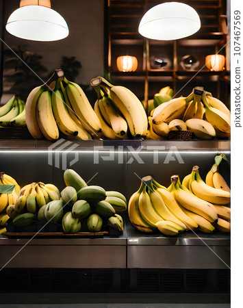 Hyperrealistic bananas cozy atmosphere highlydetailed restaurant. 107467569