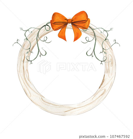 Fall wreath with orange elements. For cards, backgrounds. Watercolor illustration for scrapbooking. Perfect for wedding invitation. 107467592