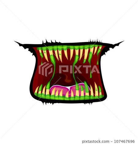 Vector cartoon funny zombie monster open mouth with drooling green slime isolated on white background. Vector Halloween greeting card with funny monster mouth. Cartoon vampire and zombie fangs 107467696