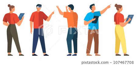 Automation business. Vector illustration. Business people and developers and designers working together, touch screen devices and robots Developer with open robotic soft Optimization and efficiency 107467708