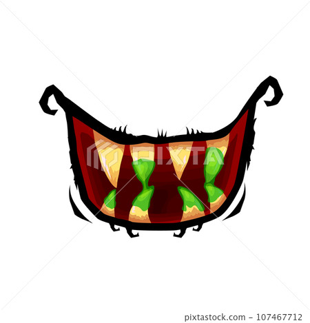 Vector cartoon funny zombie monster open mouth with drooling green slime isolated on white background. Vector Halloween greeting card with funny monster mouth. Cartoon vampire and zombie fangs 107467712