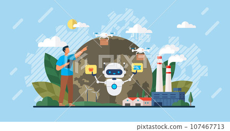 Automation business. Vector illustration. Industry, productivity, repeatability systems in business processes Automation delivery Automation fly delivery interface concept Open bot architecture 107467713