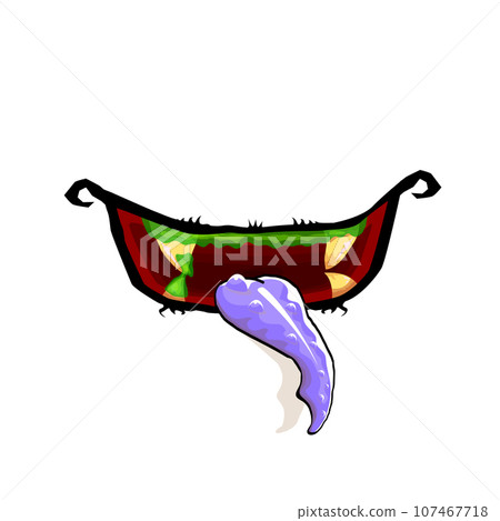 Vector cartoon funny zombie monster open mouth with drooling green slime isolated on white background. Vector Halloween greeting card with funny monster mouth. Cartoon vampire and zombie fangs 107467718