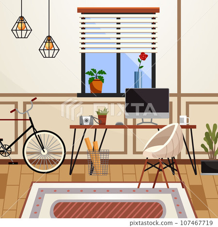 Home office interior. Vector illustration. Freelancer working from home place, convenient workplace Home office workplace Self employed concept Minimalist work space Remote working from home or any 107467719
