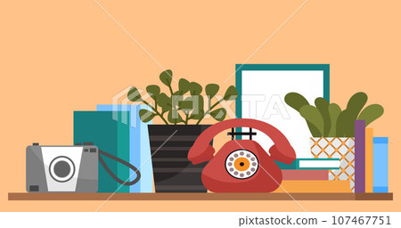 Wall shelf with home plant in pot, camera, cup, books and telephone, houseplant, pictures and other decor. Room furniture with interior items. Wooden shelf with decorations. Office or home furnishings Wall shelf with home plant in pot, camera, cup, books and telephone, houseplant, pictures and other decor. Room furniture with interior items. Wooden shelf with decorations. Office or home furnishings 107467751