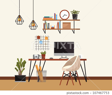 Home office cabinet, living room interior concept. Creative coworking center, desk and chair, modern workplace for worker, employee, student with table, computer, book shelf and interior decor element Home office cabinet, living room interior concept. Creative coworking center, desk and chair, modern workplace for worker, employee, student with table, computer, book shelf and interior decor element 107467753