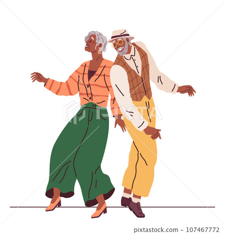 Old couple dance. Vector illustration. Happy grandmother and grandfather couples hugging and dancing together. Grandpa does dance support, grandma. Elderly couple dancing at party. Old couple dance. Vector illustration. Happy grandmother and grandfather couples hugging and dancing together. Grandpa does dance support, grandma. Elderly couple dancing at party. 107467772