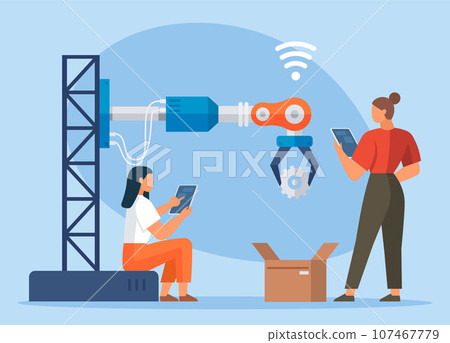 Automation business. Vector illustration. Robotic process automation as an innovation improving productivity, reliability and repeatability in systems or processes Marketing automation line Automation business. Vector illustration. Robotic process automation as an innovation improving productivity, reliability and repeatability in systems or processes Marketing automation line 107467779