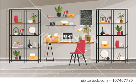 Home office interior. Vector illustration. Interior for freelancer study room furniture Freelance or studying concept Concept for telework, free lance workers, workers at home Classic homeoffice Home office interior. Vector illustration. Interior for freelancer study room furniture Freelance or studying concept Concept for telework, free lance workers, workers at home Classic homeoffice 107467780