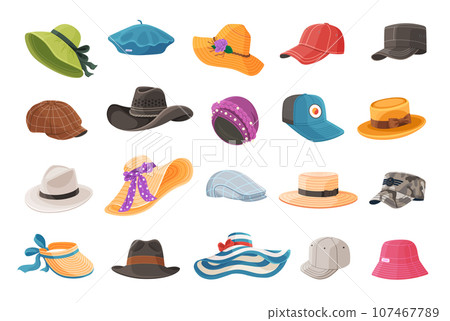 Summer hat set. Cartoon headgears. Hats fashion clothes, man and woman headwear. Beach head accessory and summer traditional headdress. Summer female straw hat, cap wear lady head, vector illustration Summer hat set. Cartoon headgears. Hats fashion clothes, man and woman headwear. Beach head accessory and summer traditional headdress. Summer female straw hat, cap wear lady head, vector illustration 107467789