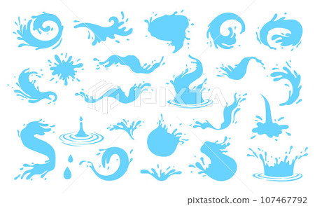 Water splash, river splashes, waves, spray, spill, dripping water drops. Fresh water splash silhouettes set vector illustration. Falling droplets of fountain and circle ripples. Blue drop shape logo Water splash, river splashes, waves, spray, spill, dripping water drops. Fresh water splash silhouettes set vector illustration. Falling droplets of fountain and circle ripples. Blue drop shape logo 107467792