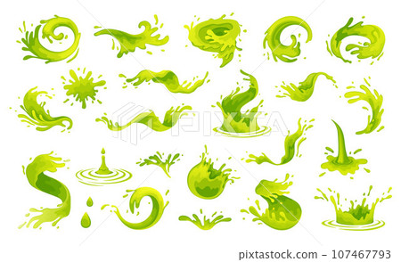 Green juice or water or oil splash. River splashes, green waves, spray, spill, dripping water drops. Lime, mojito realistic flow vector illustration. Green tea water splash expose set, aloe juice drop Green juice or water or oil splash. River splashes, green waves, spray, spill, dripping water drops. Lime, mojito realistic flow vector illustration. Green tea water splash expose set, aloe juice drop 107467793