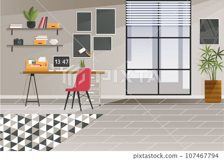 Home office interior. Vector illustration. Creative office desktop workspace Freelance people work in comfortable conditions Home office interior, room for working Freelancer working from home place Home office interior. Vector illustration. Creative office desktop workspace Freelance people work in comfortable conditions Home office interior, room for working Freelancer working from home place 107467794