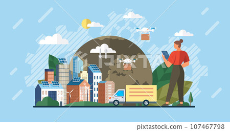 Automation business. Vector illustration. Business delivery and logistic working together, touch screen devices and robots Developer with open robotic soft Optimization and efficiency with quadcopters 107467798