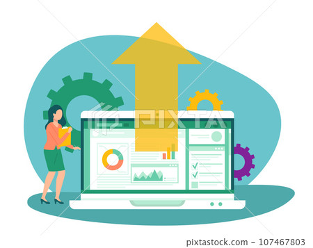 Woman use pc desk with computer monitor, work at home with digital services. Freelancer business female search page on laptop, communicate in network. Businesswoman look for data online with web page 107467803