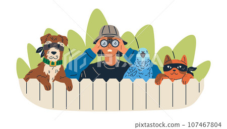 Being watched concept with curious man and his faithful friends cat and dog spying look through spy glass hiding behind wooden fence outside observing sneaking. Suspicious male peek, look out, search 107467804