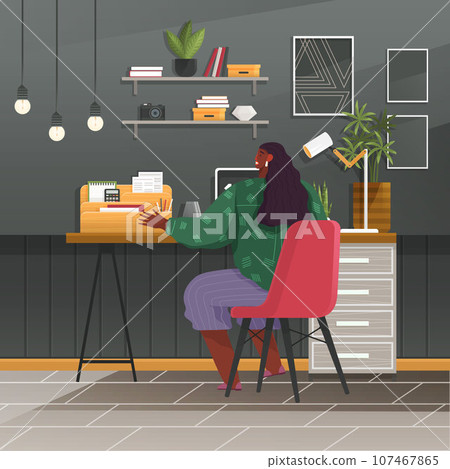 Working at home, woman sitting at desk. Online career. Coworking space in office. Young student or freelancer working on laptop or computer. Developer at home in quarantine. Female student or employee Working at home, woman sitting at desk. Online career. Coworking space in office. Young student or freelancer working on laptop or computer. Developer at home in quarantine. Female student or employee 107467865