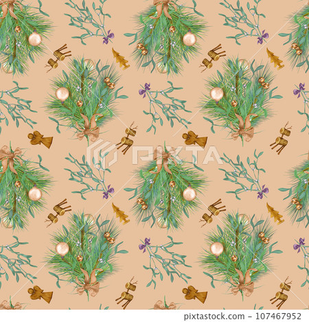 Christmas seamless pattern with branch of mistletoe, pine and wooden toy digital illustration isolated on pink. Christmas decorations, bells, ball hand drawn. Print for textile, wrapping, paper Christmas seamless pattern with branch of mistletoe, pine and wooden toy digital illustration isolated on pink. Christmas decorations, bells, ball hand drawn. Print for textile, wrapping, paper 107467952
