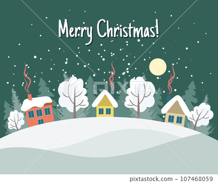 Winter landscape with cute houses, trees and night sky with moon, Merry Christmas greeting card template. Illustration in flat style. Vector Winter landscape with cute houses, trees and night sky with moon, Merry Christmas greeting card template. Illustration in flat style. Vector 107468059