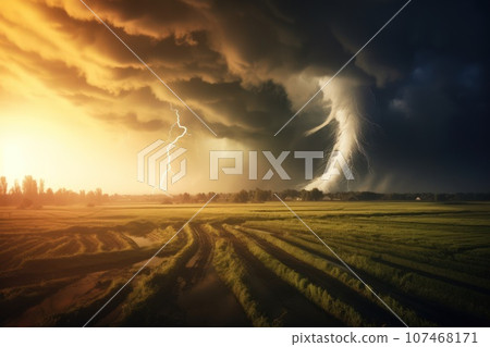 Tornado raging over a landscape. Natural disaster. 107468171