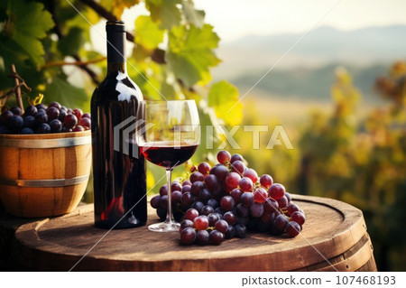 A bottle of wine with poured wineglass stands on a wooden barrel. A bottle of wine with poured wineglass stands on a wooden barrel. 107468193