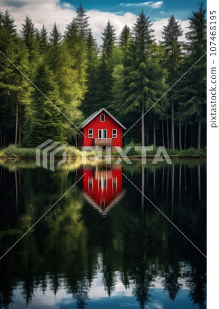 House in a national park on the shore of a picturesque lake. House in a national park on the shore of a picturesque lake. 107468195