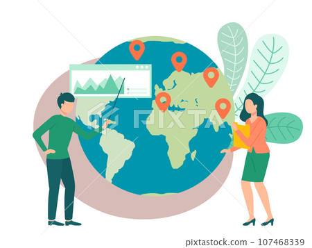 People standing near planet earth with geo marks. Characters work with global network and Internet, uses wireless connection, work together with world map for worldwide delivery, analyzing geolocation 107468339