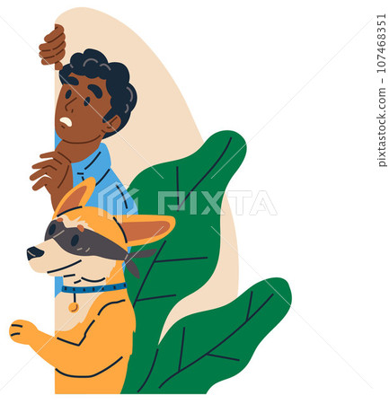 Young man and his dog spy, observing, sneaking outdoors. Guy peeping look from behind wall. Suspicious person pet owner detective peek, look out, search, eavesdrops on someone elses conversation Young man and his dog spy, observing, sneaking outdoors. Guy peeping look from behind wall. Suspicious person pet owner detective peek, look out, search, eavesdrops on someone elses conversation 107468351